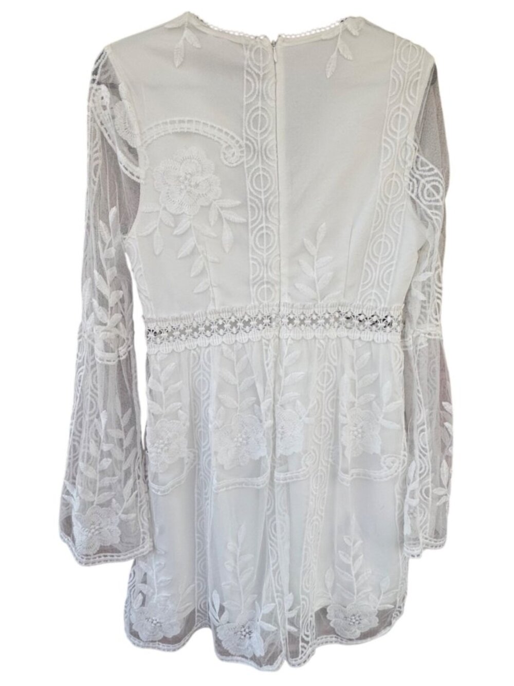 Southern Fried Chics Medium White Lace V-Neck Dress Bell Sleeves & Embroidered - Picture 3 of 14